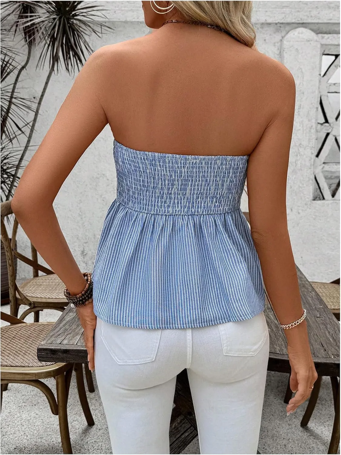 GORGLITTER Women's Bow Strapless Tube Tops Shirt Tie Front Striped Bandeau Peplum Tops Going Out Summer Tops 2025