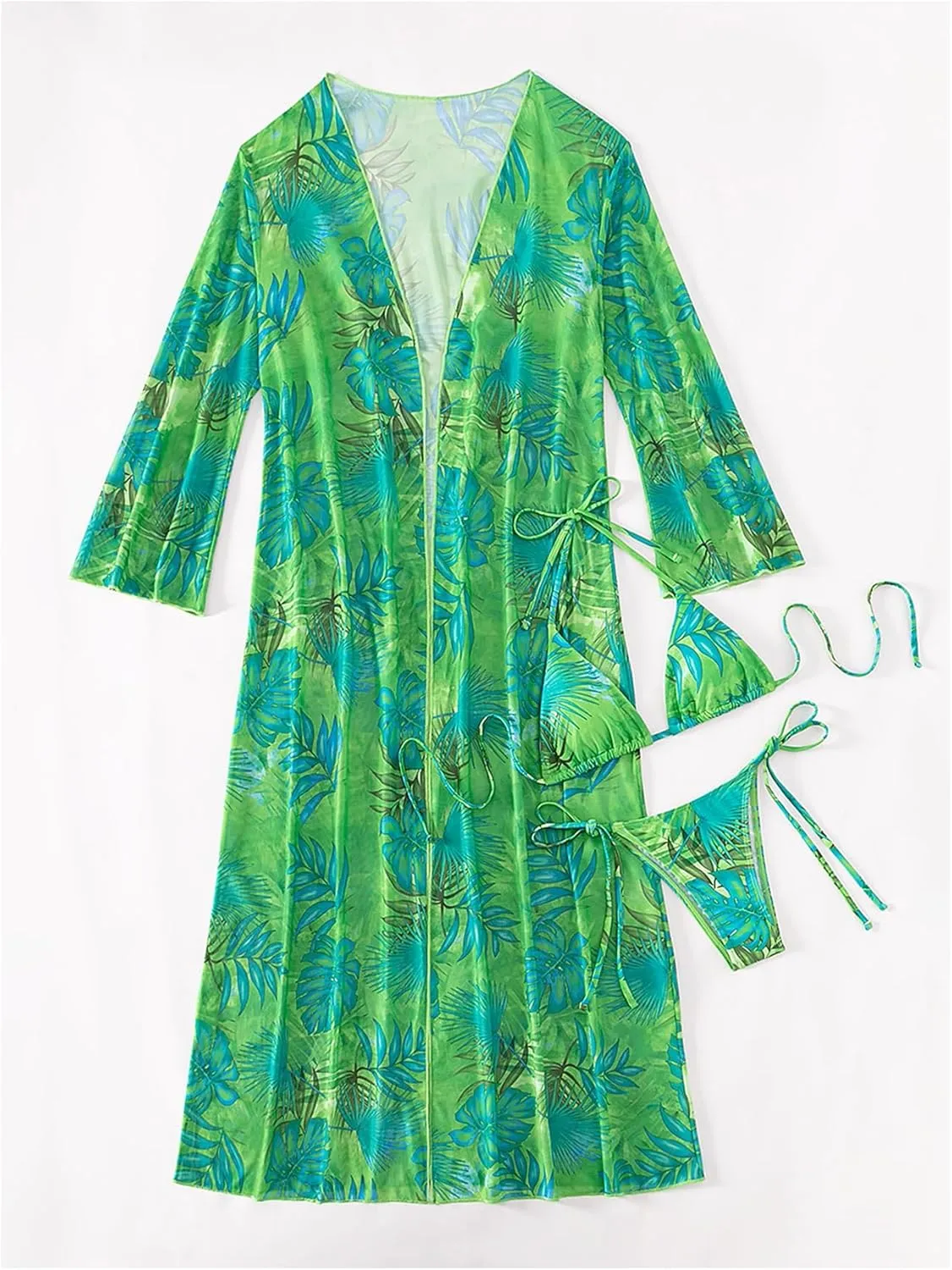 GORGLITTER Women's Three Piece Swimsuit Tropical Halter Bikini Set with Open Front Kimono