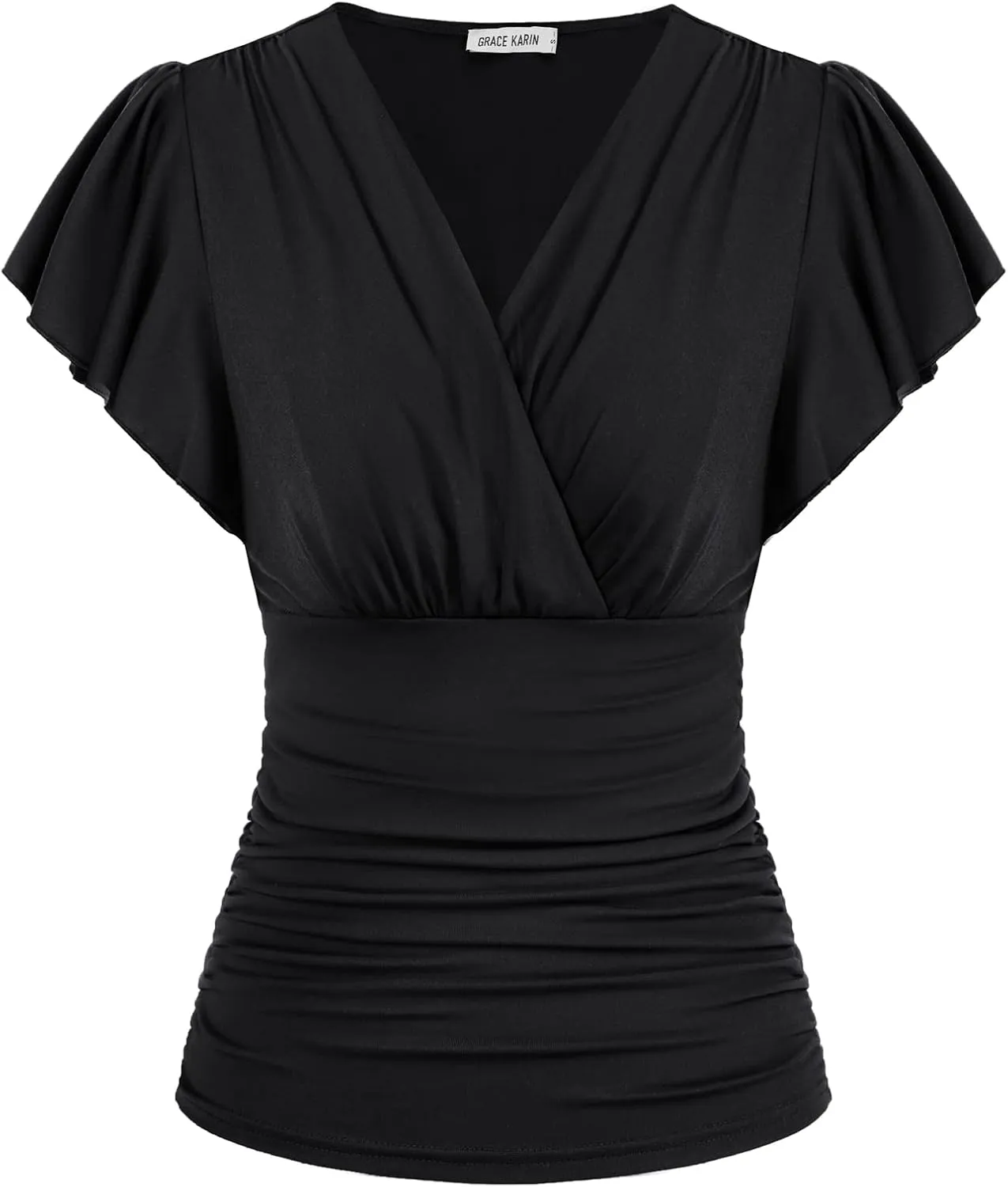 GRACE KARIN 2025 Womens Tops Summer Wrap Blouse V Neck Ruffle Sleeve Dressy Casual Top Ruched Trendy Clothes
