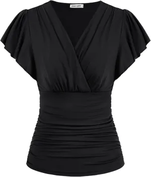 GRACE KARIN 2025 Womens Tops Summer Wrap Blouse V Neck Ruffle Sleeve Dressy Casual Top Ruched Trendy Clothes