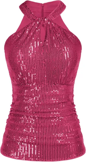 GRACE KARIN Sequin Tops for Women Elegant Tops Sparkle Tank Shimmer Party Club Cocktail Slim Fit Ruched Tops