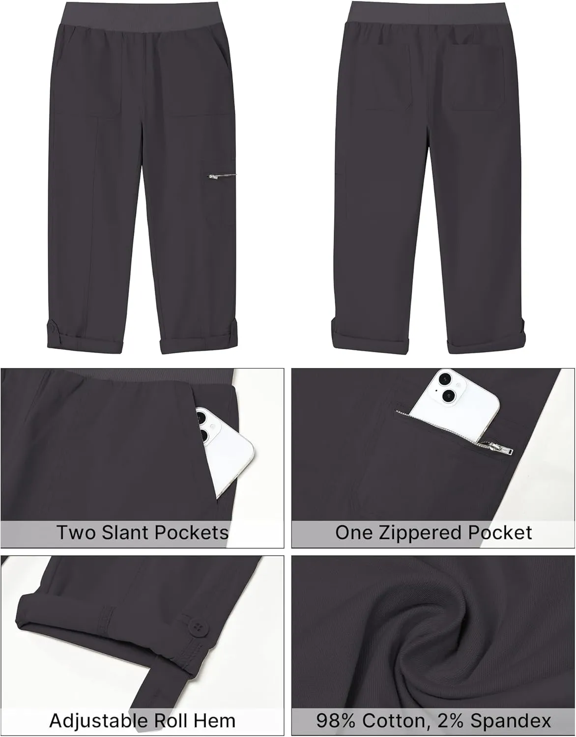GRAPENT Capri Cargo Pants for Women High Waisted Pull On Elastic Waist Stretch Twill Fold Hem Capris Pants with Pockets