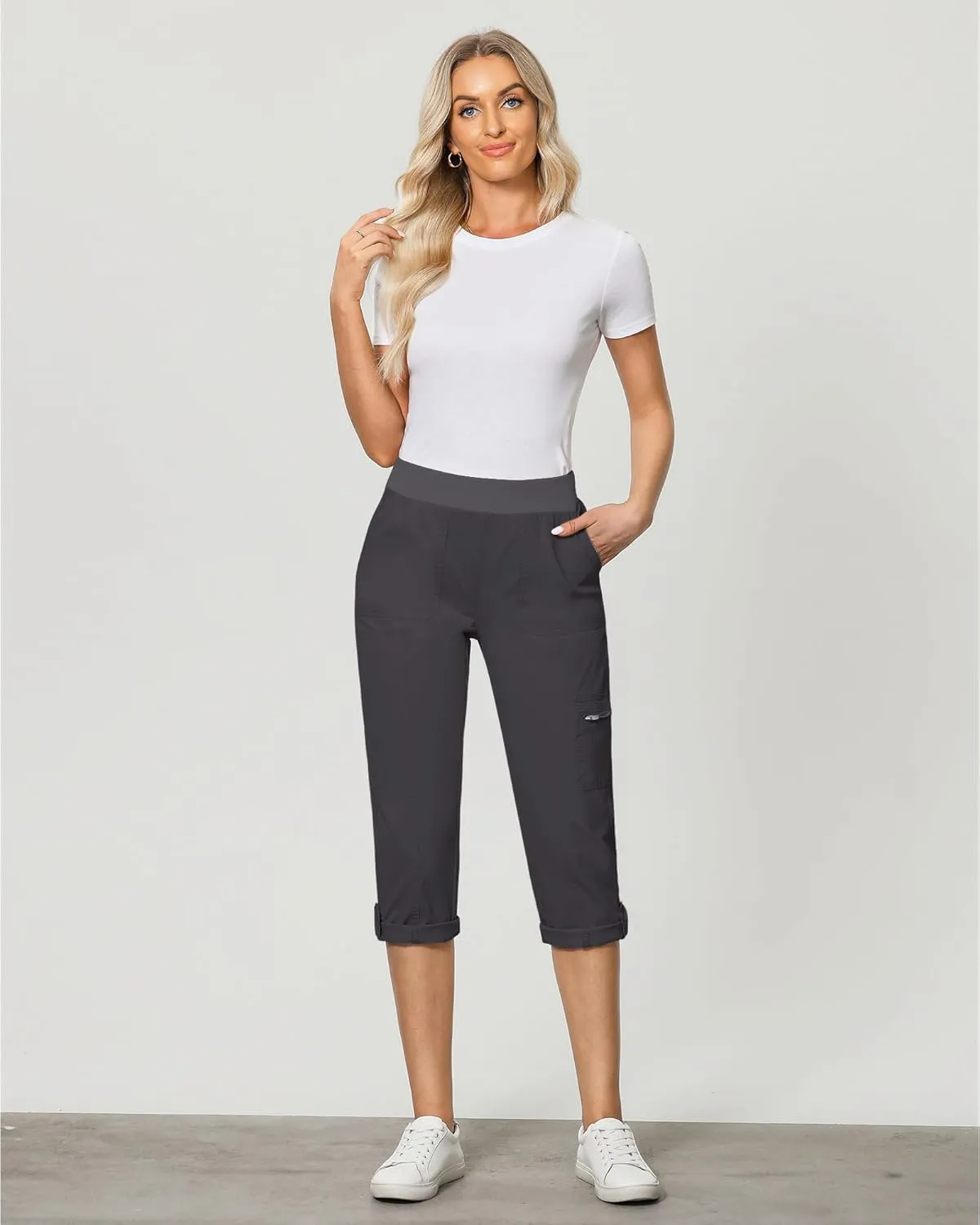GRAPENT Capri Cargo Pants for Women High Waisted Pull On Elastic Waist Stretch Twill Fold Hem Capris Pants with Pockets