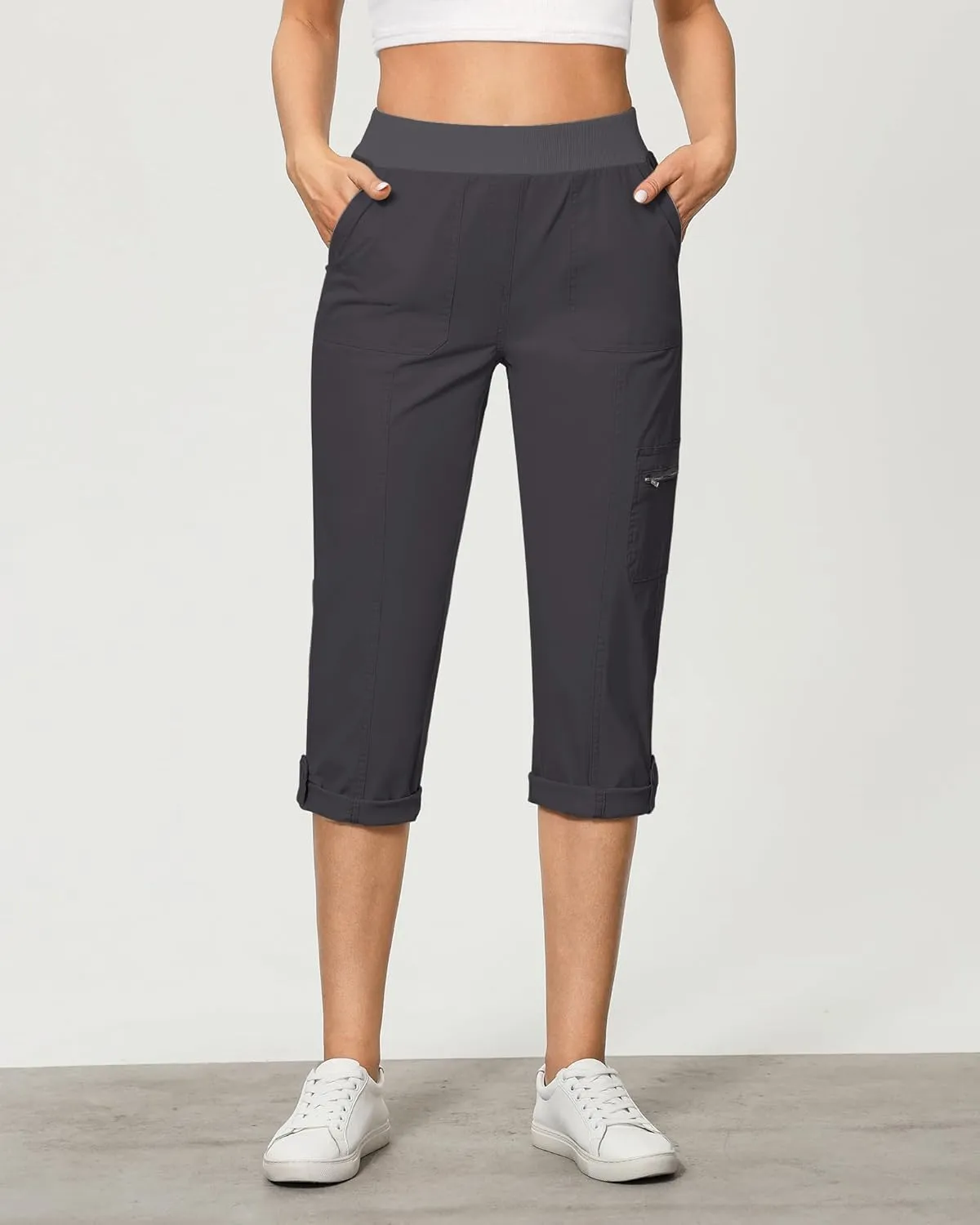 GRAPENT Capri Cargo Pants for Women High Waisted Pull On Elastic Waist Stretch Twill Fold Hem Capris Pants with Pockets
