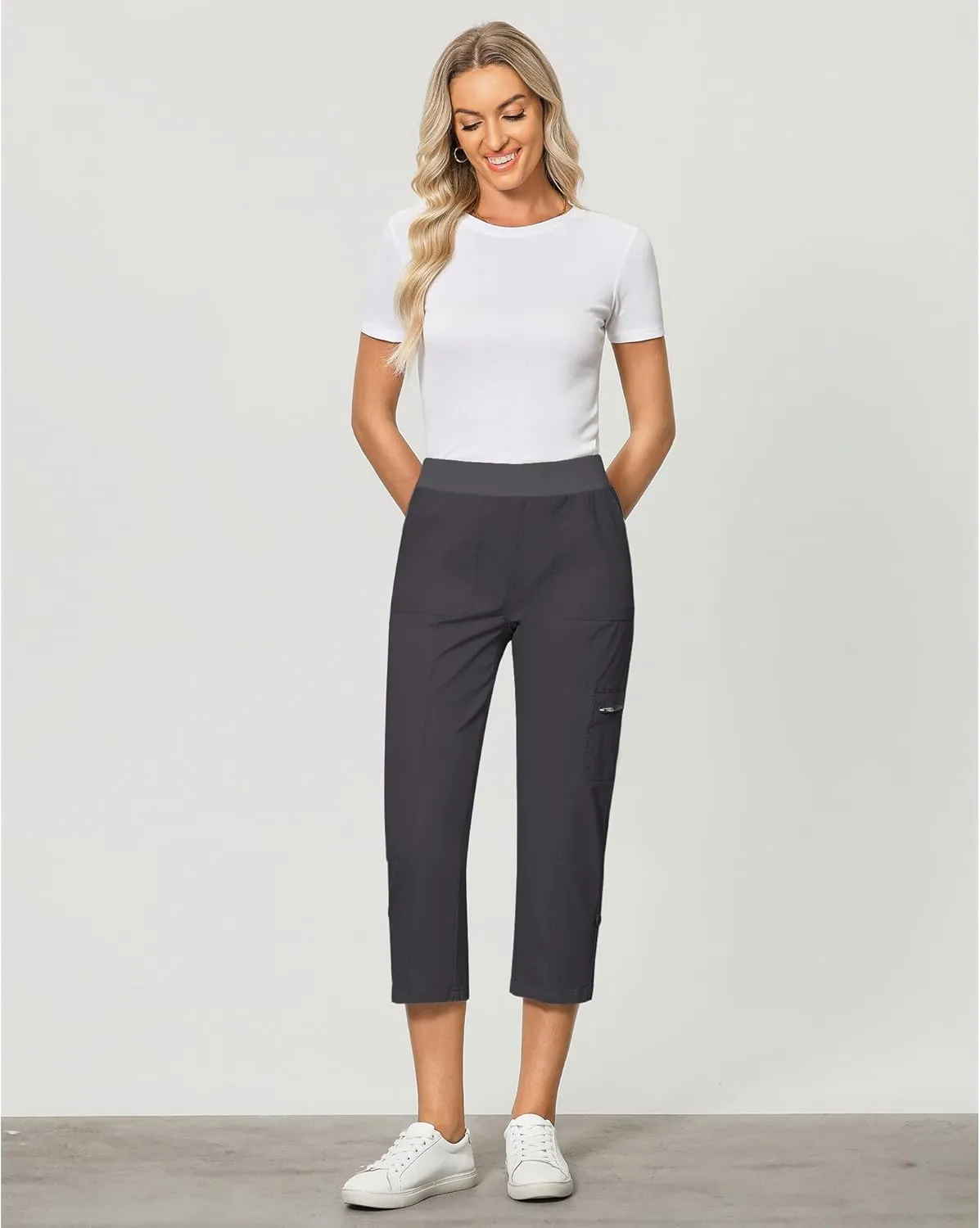 GRAPENT Capri Cargo Pants for Women High Waisted Pull On Elastic Waist Stretch Twill Fold Hem Capris Pants with Pockets