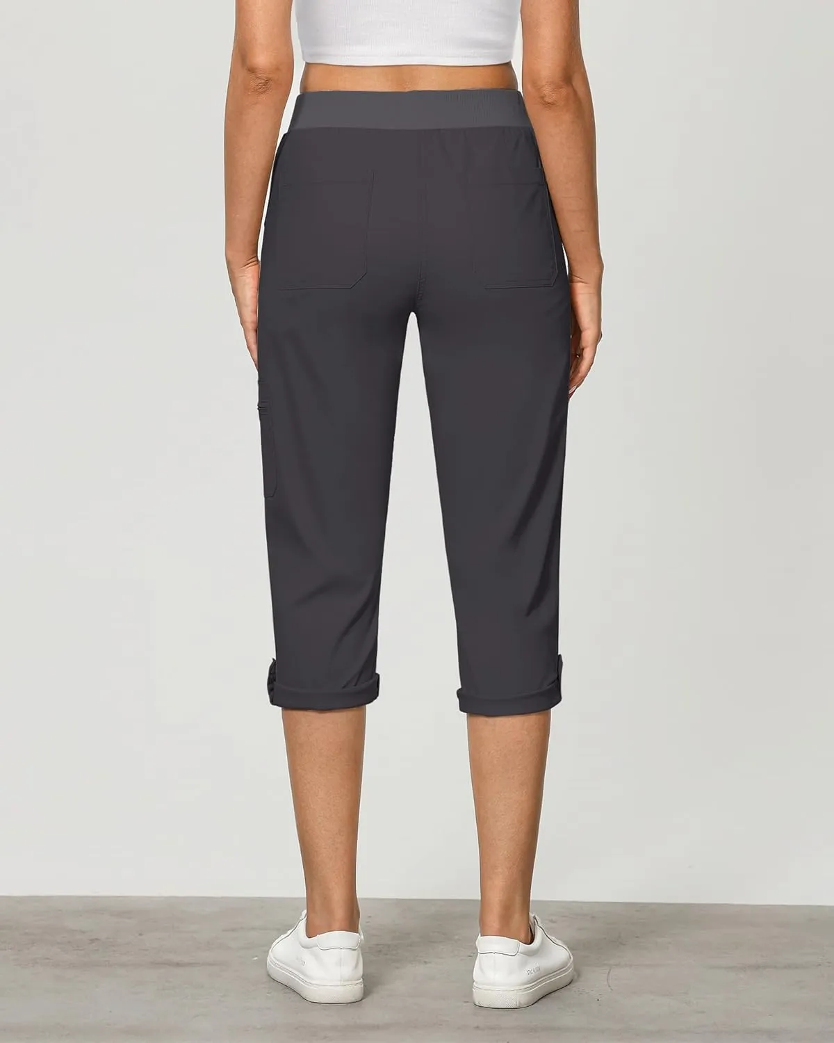 GRAPENT Capri Cargo Pants for Women High Waisted Pull On Elastic Waist Stretch Twill Fold Hem Capris Pants with Pockets