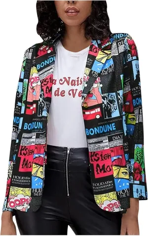 Graphic Blazers for Women Open Front Long Sleeve Cardigans Colorful Newspaper Print Jackets Trendy Casual Coat
