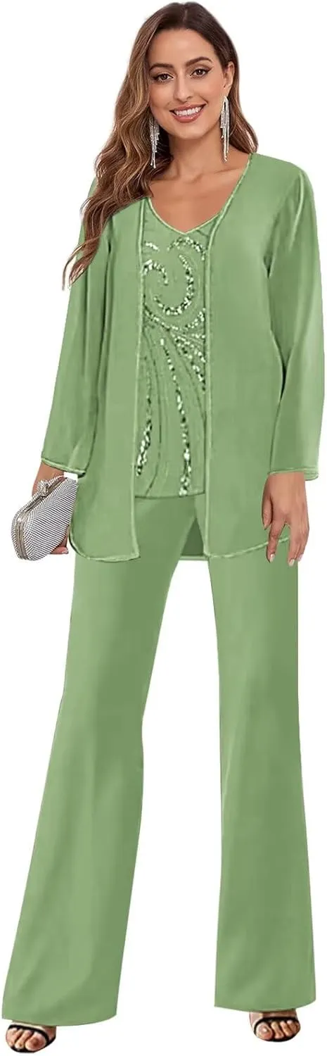 GUKARLEED Womens Mother of The Pants Suits 3 Pieces Long Sleeve V Neck Lace Chiffon Wedding Guest Formal Outfits with Jacket