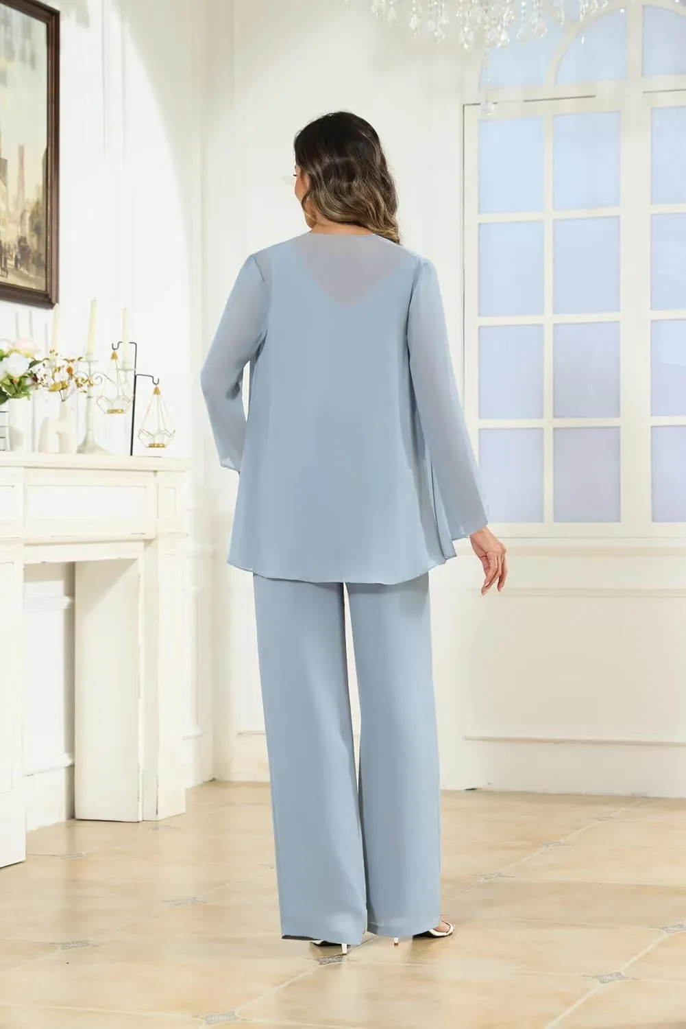 GUKARLEED Womens Mother of The Pants Suits 3 Pieces Long Sleeve V Neck Lace Chiffon Wedding Guest Formal Outfits with Jacket