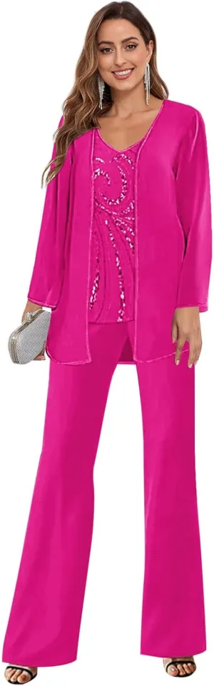 GUKARLEED Womens Mother of The Pants Suits 3 Pieces Long Sleeve V Neck Lace Chiffon Wedding Guest Formal Outfits with Jacket