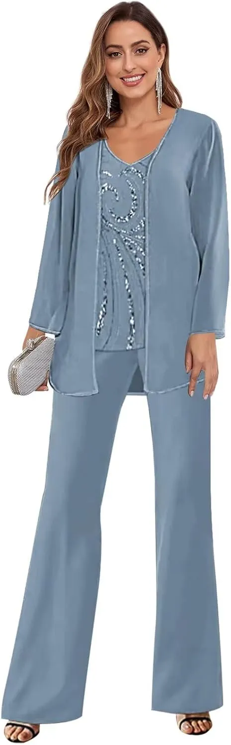 GUKARLEED Womens Mother of The Pants Suits 3 Pieces Long Sleeve V Neck Lace Chiffon Wedding Guest Formal Outfits with Jacket