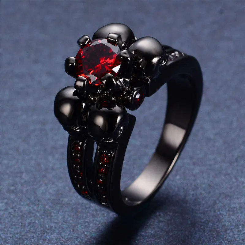 Halloween Skull Ring Anel for Women/Men Fashion Stone Jewelry Red CZ Engagement Band Black Gold Filled Wedding Rings