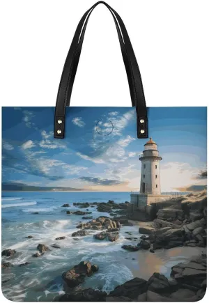 Handbags for WomenBeach LighthouseTrendy Vegan Leather Hobo Handbags,Women's Soft Bucket Bag For Women - Ladies Handbags For Work, Travel, Casual Use,Birthday Gifts