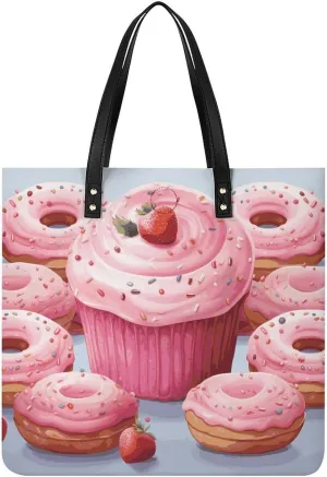 Handbags for WomenPink Donut And CupcakeTrendy Vegan Leather Hobo Handbags,Women's Soft Bucket Bag For Women - Ladies Handbags For Work, Travel, Casual Use,Birthday Gifts