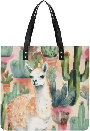 Handbags for WomenWhite Alpaca CactusTrendy Vegan Leather Hobo Handbags,Women's Soft Bucket Bag For Women - Ladies Handbags For Work, Travel, Casual Use,Birthday Gifts