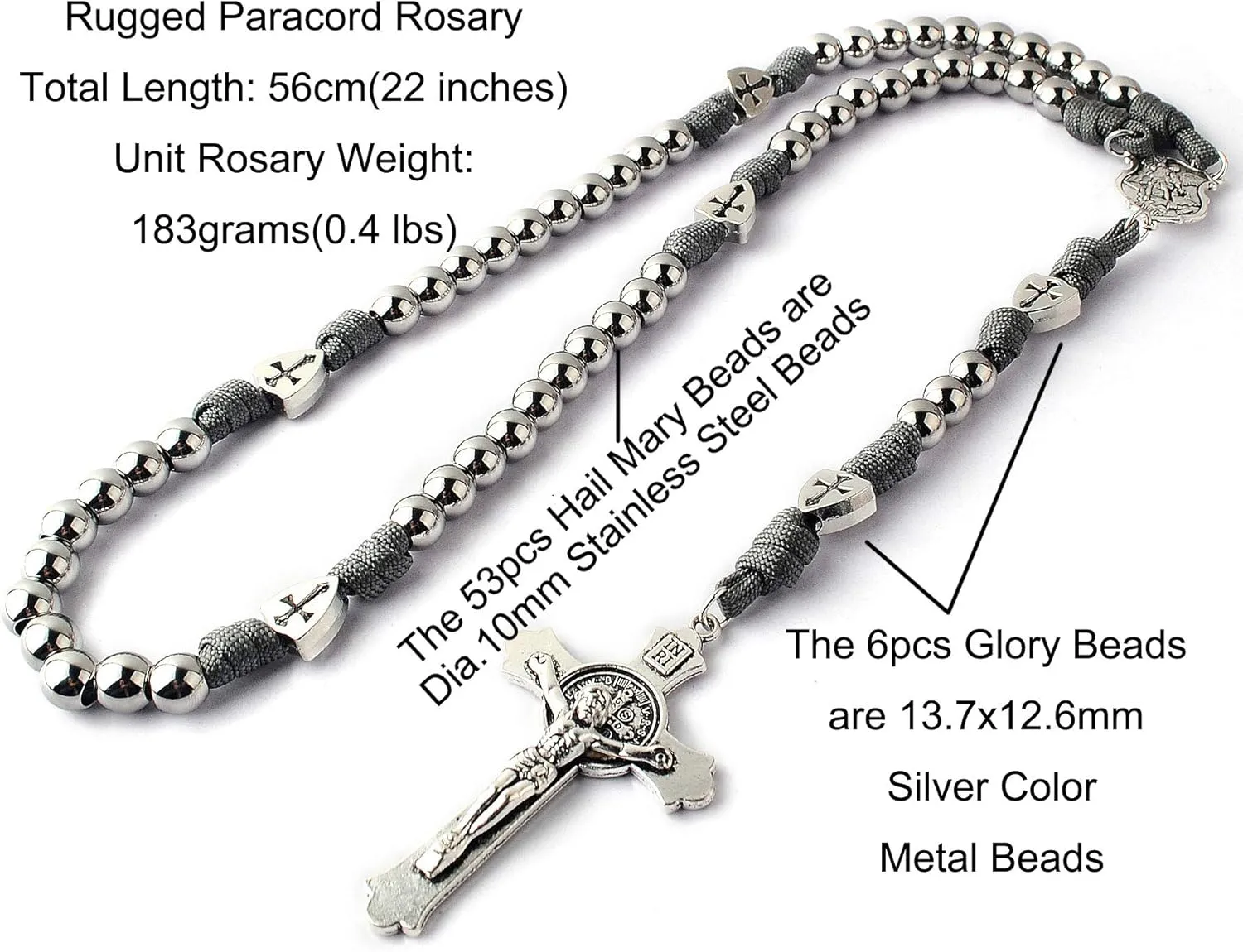 HanlinCC Large and Heavy Stainless Steel Beads Rugged Durable Paracord Rosary Necklace for Men with St.Michael Center Piece and St.Benedict Crucifix