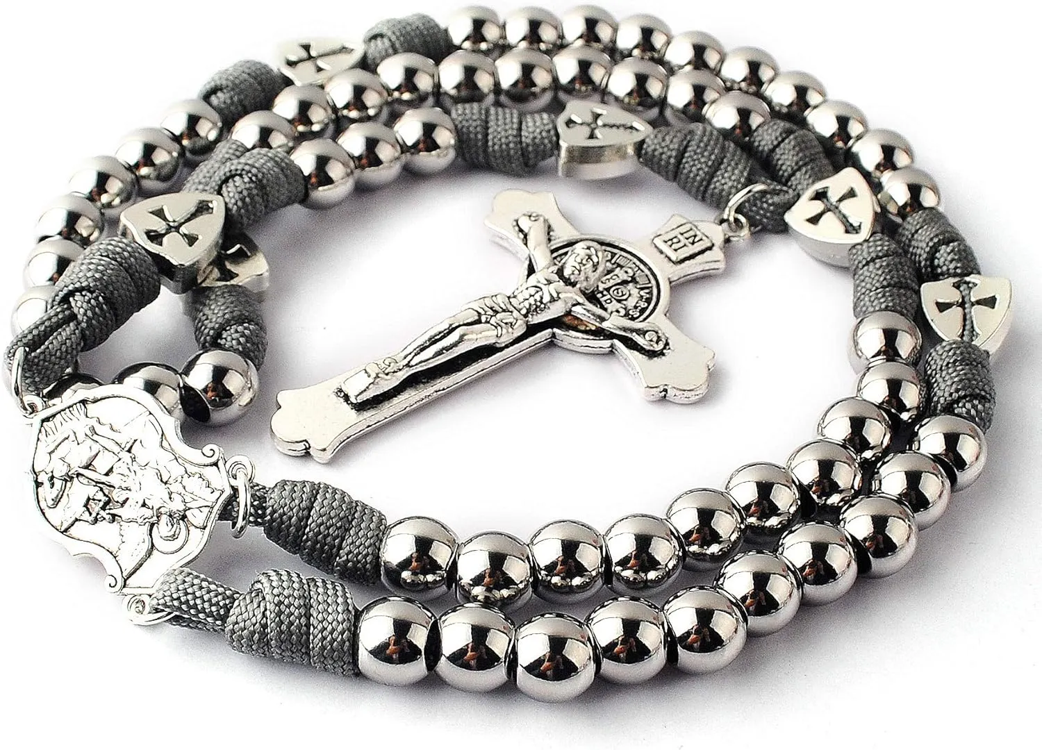 HanlinCC Large and Heavy Stainless Steel Beads Rugged Durable Paracord Rosary Necklace for Men with St.Michael Center Piece and St.Benedict Crucifix