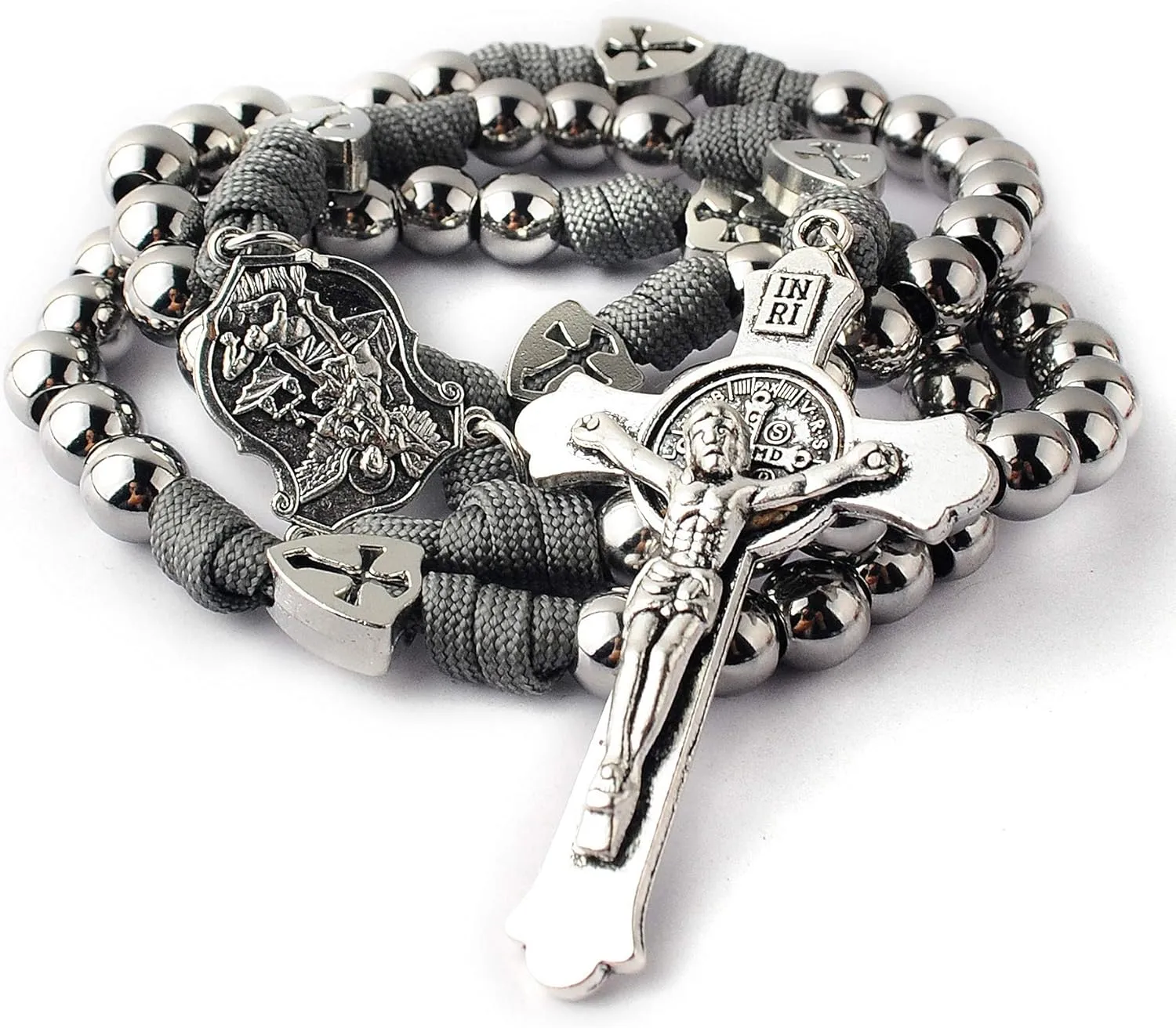 HanlinCC Large and Heavy Stainless Steel Beads Rugged Durable Paracord Rosary Necklace for Men with St.Michael Center Piece and St.Benedict Crucifix