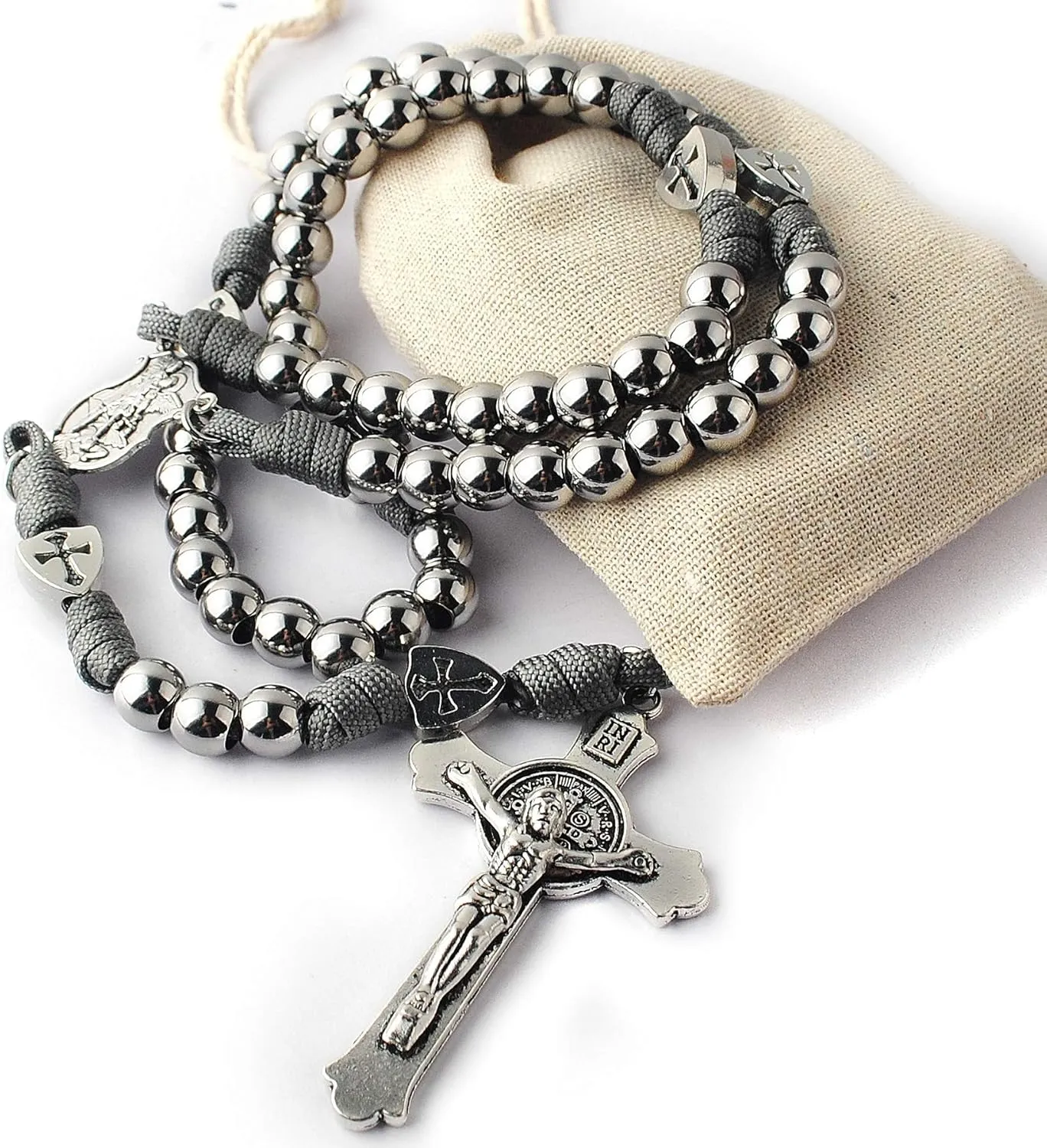HanlinCC Large and Heavy Stainless Steel Beads Rugged Durable Paracord Rosary Necklace for Men with St.Michael Center Piece and St.Benedict Crucifix