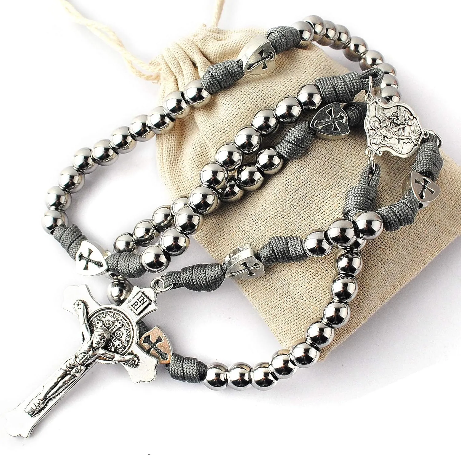 HanlinCC Large and Heavy Stainless Steel Beads Rugged Durable Paracord Rosary Necklace for Men with St.Michael Center Piece and St.Benedict Crucifix