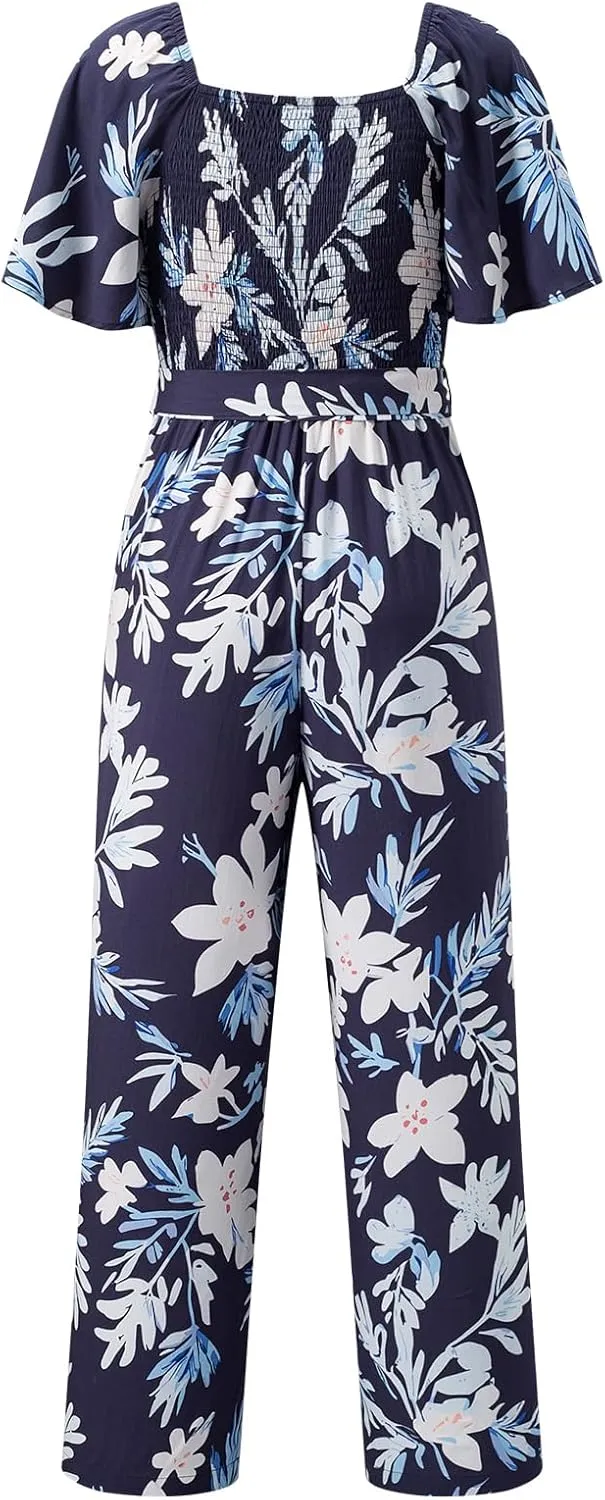 Happy Sailed Womens Summer Jumpsuits Floral Printed Short Sleeve High Waisted Pockets Wide Leg Rompers Beach Vacation Outfits