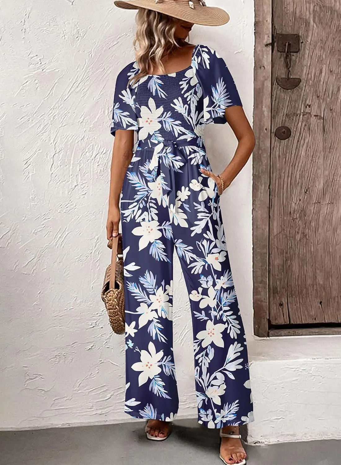 Happy Sailed Womens Summer Jumpsuits Floral Printed Short Sleeve High Waisted Pockets Wide Leg Rompers Beach Vacation Outfits