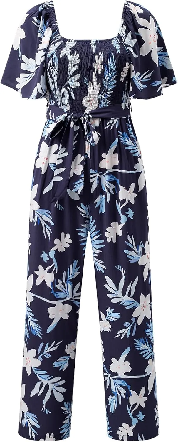 Happy Sailed Womens Summer Jumpsuits Floral Printed Short Sleeve High Waisted Pockets Wide Leg Rompers Beach Vacation Outfits