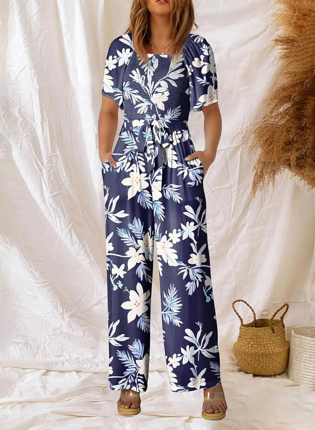 Happy Sailed Womens Summer Jumpsuits Floral Printed Short Sleeve High Waisted Pockets Wide Leg Rompers Beach Vacation Outfits
