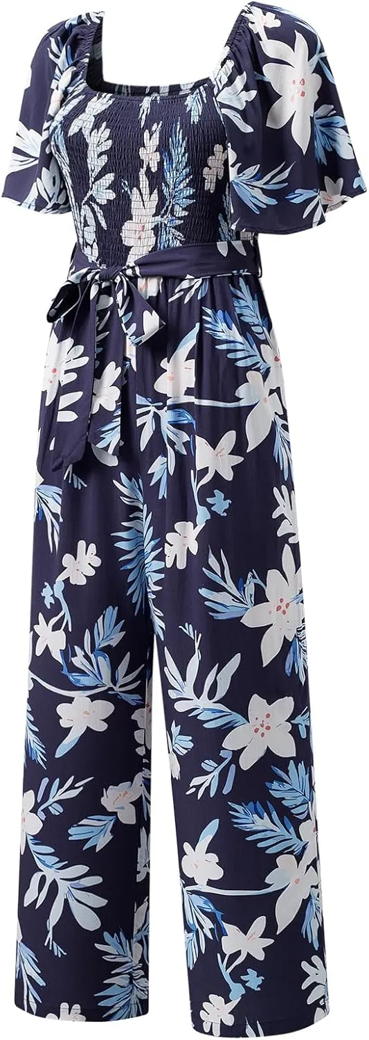 Happy Sailed Womens Summer Jumpsuits Floral Printed Short Sleeve High Waisted Pockets Wide Leg Rompers Beach Vacation Outfits