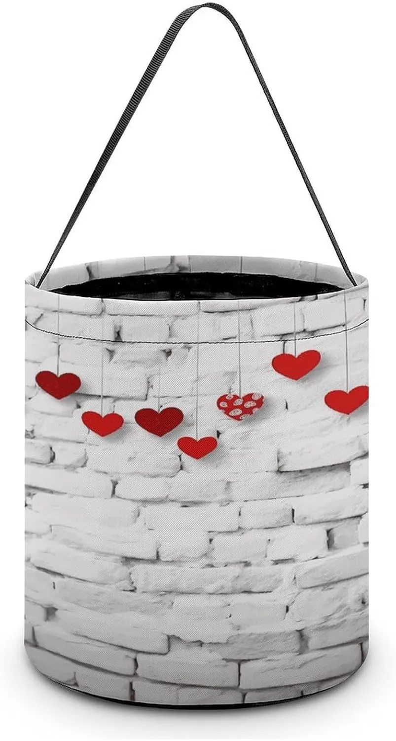Hearts on White Brick Wall Halloween Tote Candy Bag Candy Basket Candy Bucket Gift Bag for Halloween Party