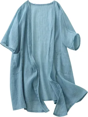 HGps8w Womens Mid-Long Kimono Cardigan Loose Summer Short Sleeve Sun Shirts Lightweight Casual Beach Cover Ups with Pockets