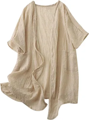 HGps8w Womens Mid-Long Kimono Cardigan Loose Summer Short Sleeve Sun Shirts Lightweight Casual Beach Cover Ups with Pockets