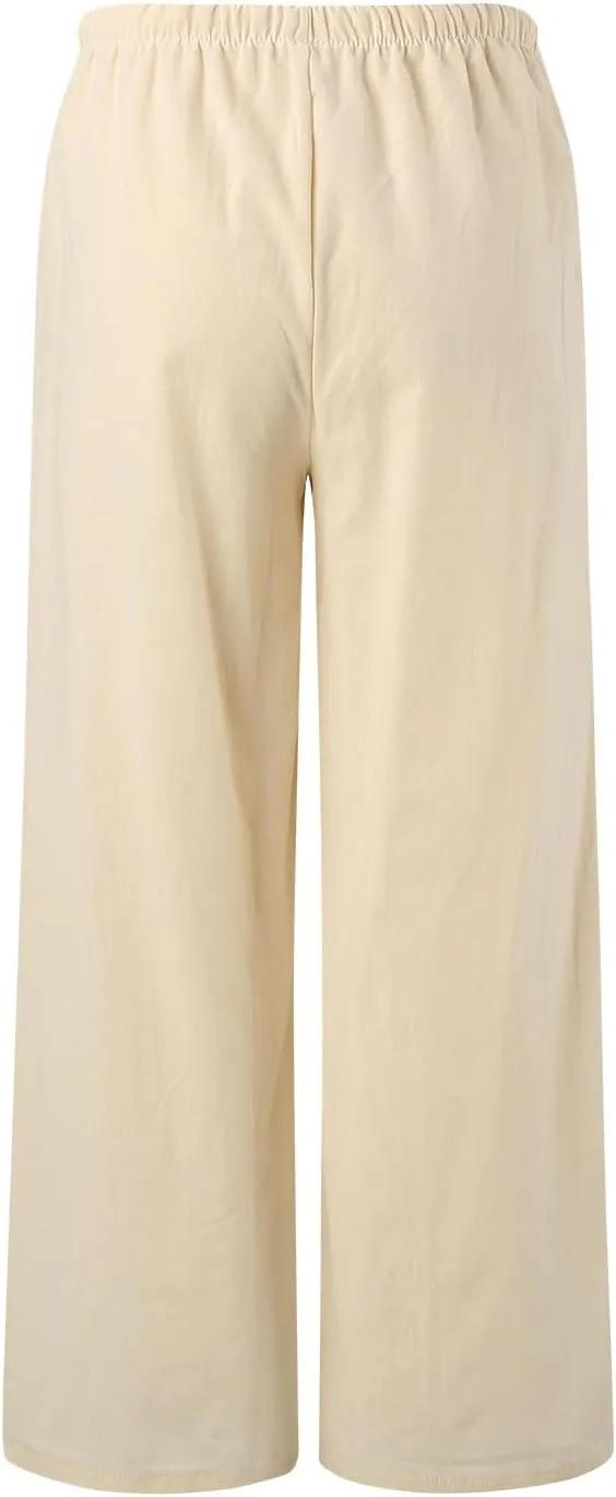 High Waisted Linen Pants for Women Casual Wide Leg Flowy Palazzo Pants Elastic Waist Lightweight Summer Beach Pant