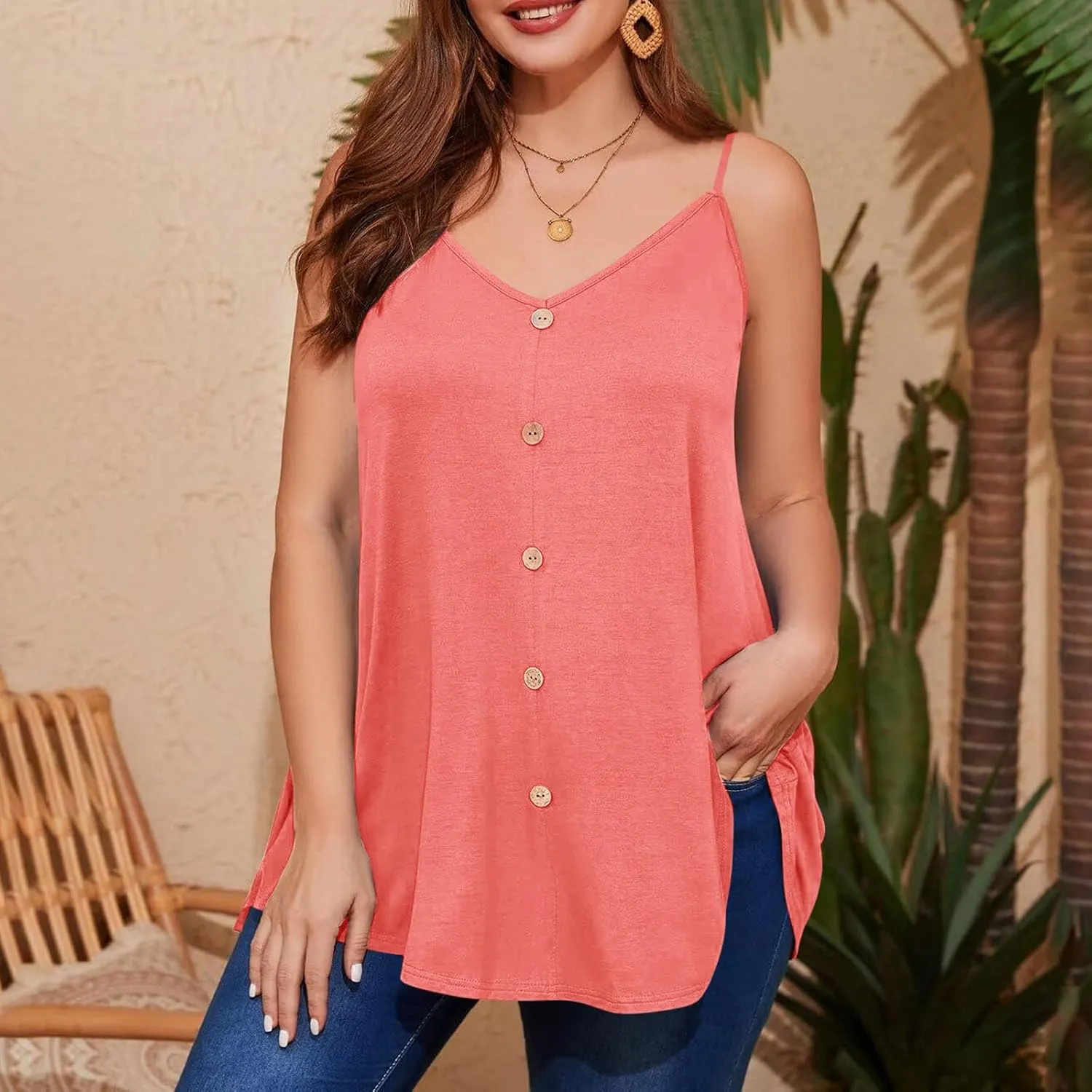 HJuyYuah Plus Size Camisole Tunic Tops for Women Summer Womens Tank Top Loose Fit Sexy Spaghetti Camis Vacation Outfits 2025