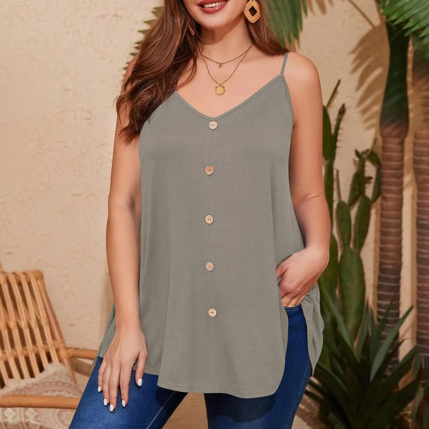 HJuyYuah Plus Size Camisole Tunic Tops for Women Summer Womens Tank Top Loose Fit Sexy Spaghetti Camis Vacation Outfits 2025