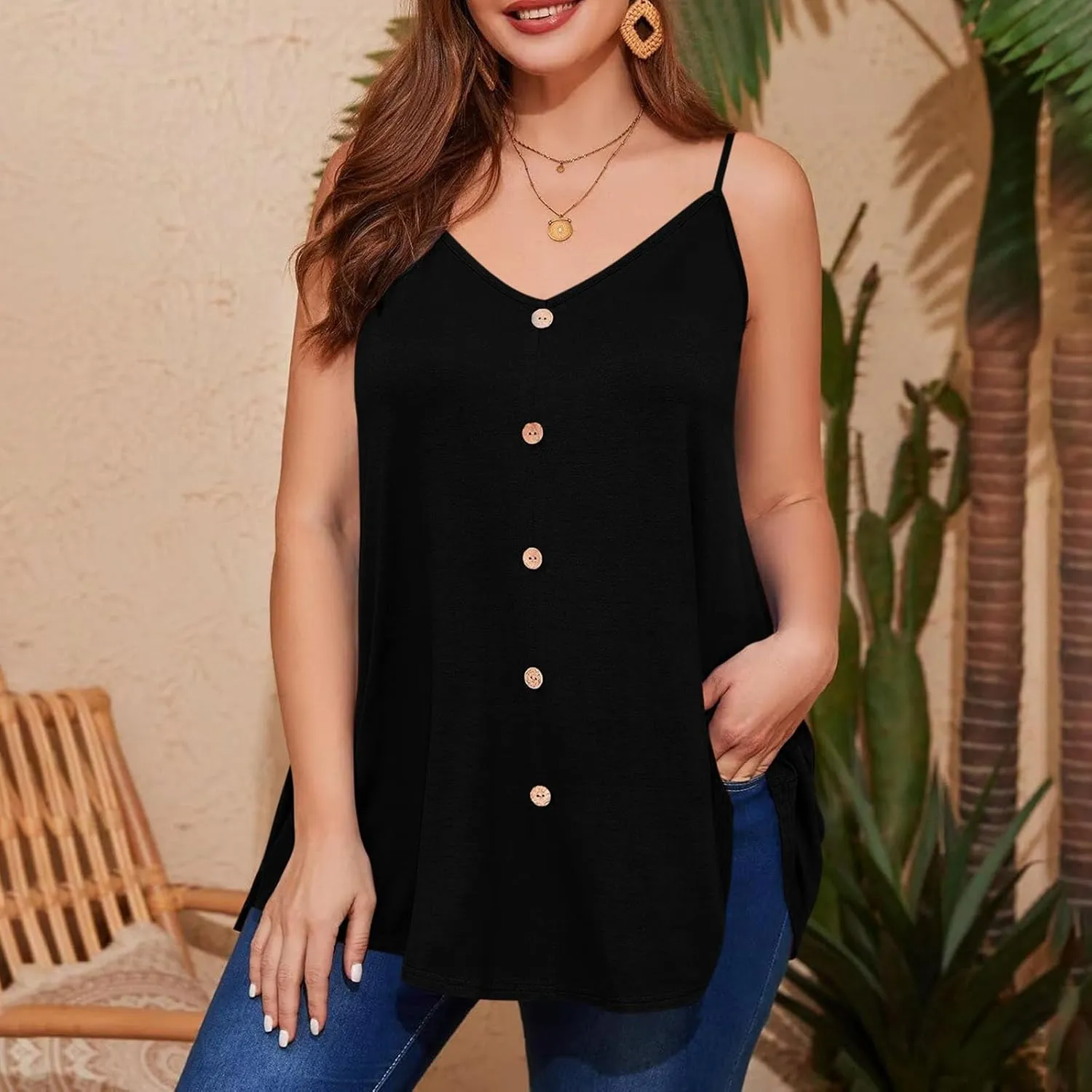 HJuyYuah Plus Size Camisole Tunic Tops for Women Summer Womens Tank Top Loose Fit Sexy Spaghetti Camis Vacation Outfits 2025