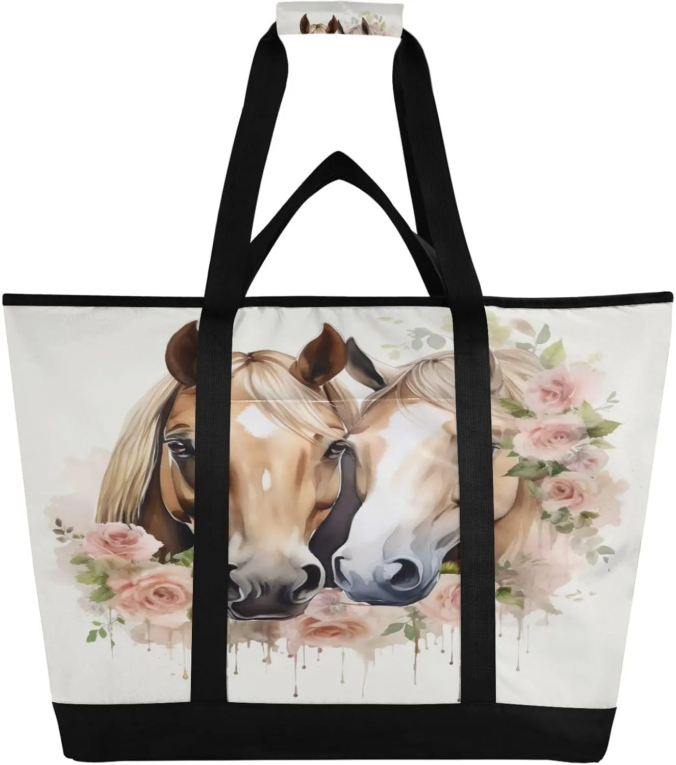 Horse Roses Tote Bag for Women with Zipper Reusable Grocery Bags Foldable Insulated Cooler Bag Totes Handbags Shopping Bags for Groceries Travel Beach Work Picnic
