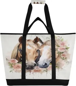Horse Roses Tote Bag for Women with Zipper Reusable Grocery Bags Foldable Insulated Cooler Bag Totes Handbags Shopping Bags for Groceries Travel Beach Work Picnic