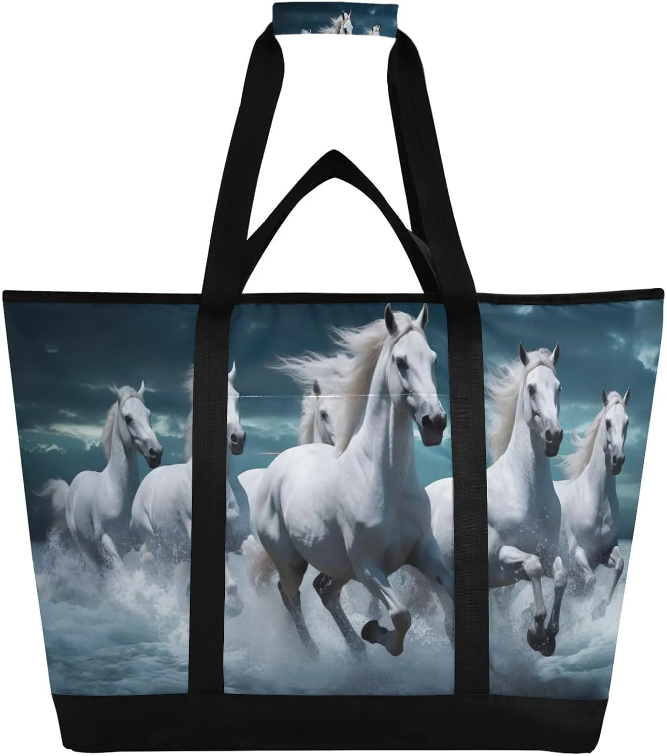 Horses Running Tote Bag for Women with Zipper Reusable Grocery Bags Foldable Insulated Cooler Bag Totes Shopping Bags Handbags for Groceries Picnic Travel Beach Work