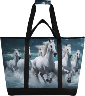Horses Running Tote Bag for Women with Zipper Reusable Grocery Bags Foldable Insulated Cooler Bag Totes Shopping Bags Handbags for Groceries Picnic Travel Beach Work