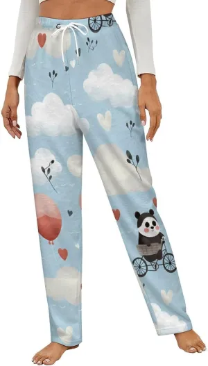 Hot Air Balloon Cute Panda Women's Pajama Pants Flannel Pj Bottoms Sleepwear Comfy Lounge Pants with Drawstring