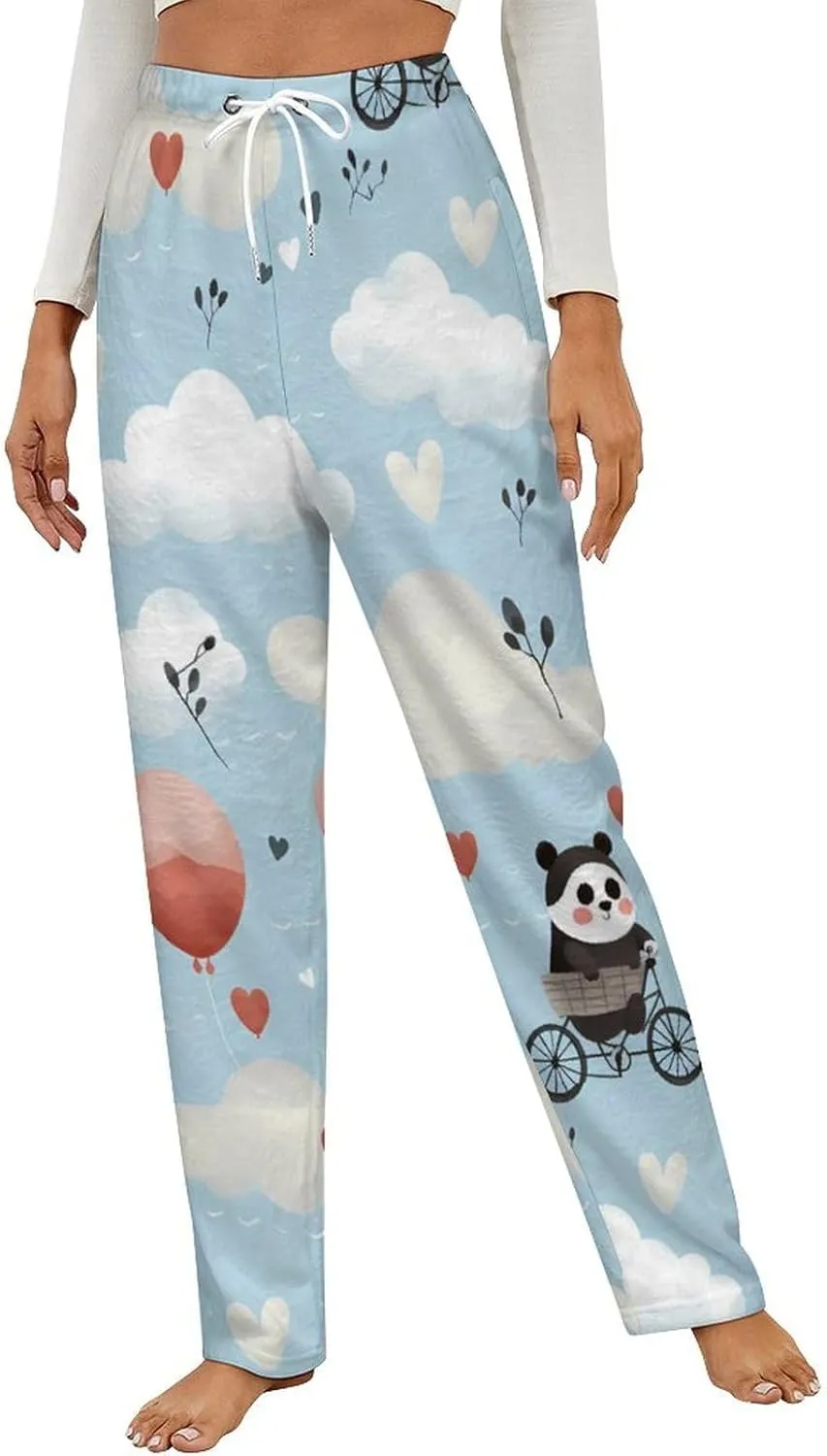 Hot Air Balloon Cute Panda Women's Pajama Pants Flannel Pj Bottoms Sleepwear Comfy Lounge Pants with Drawstring