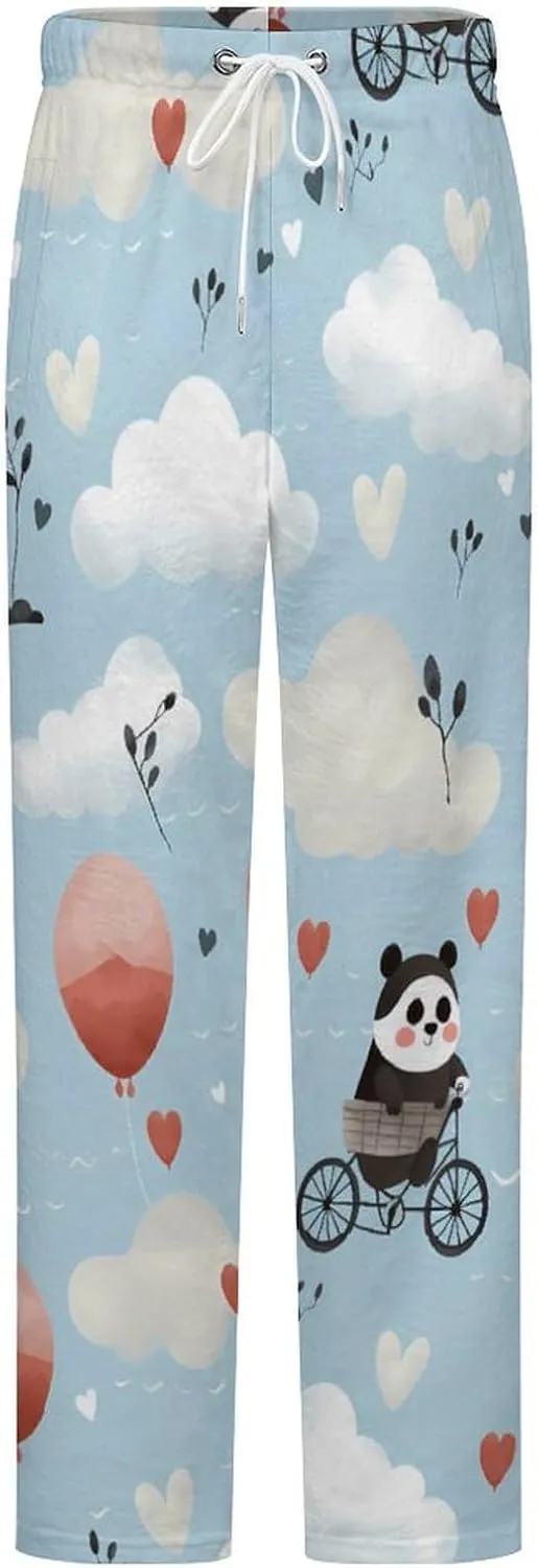 Hot Air Balloon Cute Panda Women's Pajama Pants Flannel Pj Bottoms Sleepwear Comfy Lounge Pants with Drawstring