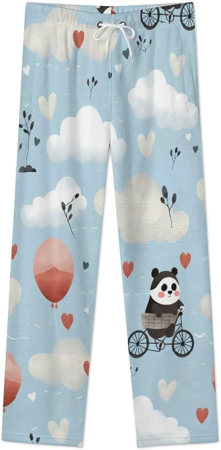 Hot Air Balloon Cute Panda Women's Pajama Pants Flannel Pj Bottoms Sleepwear Comfy Lounge Pants with Drawstring