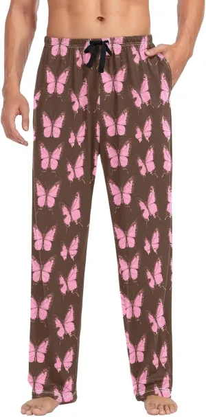 Hot Peach Mariposas Brown Pajamas For Men Pants Mens Pj Pants with pockets for Adult Drawstring Medium