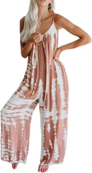 HVEPUO Spaghetti Strap Bohemian Summer Jumpsuits for Women Tie Dye Pant Rompers Casual Loose Plus Size Jumpers with Pockets