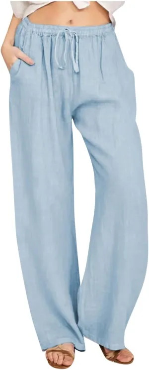 Hvyesh Women Cotton Linen Pants Summer Wide Leg Casual Loose Drawstring High Waist Palazzo Pants Trousers with Pockets
