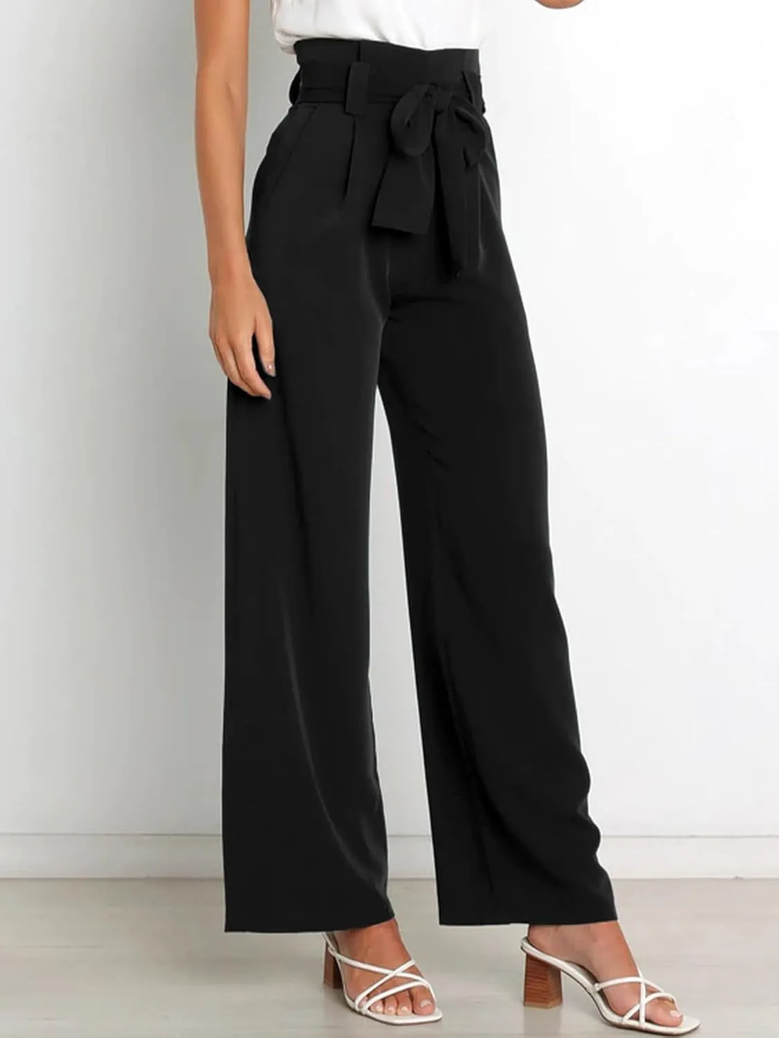 IFFEI Women's Wide Leg Pants with Pockets Business Casual Trousers High Waist with Adjustable Belt