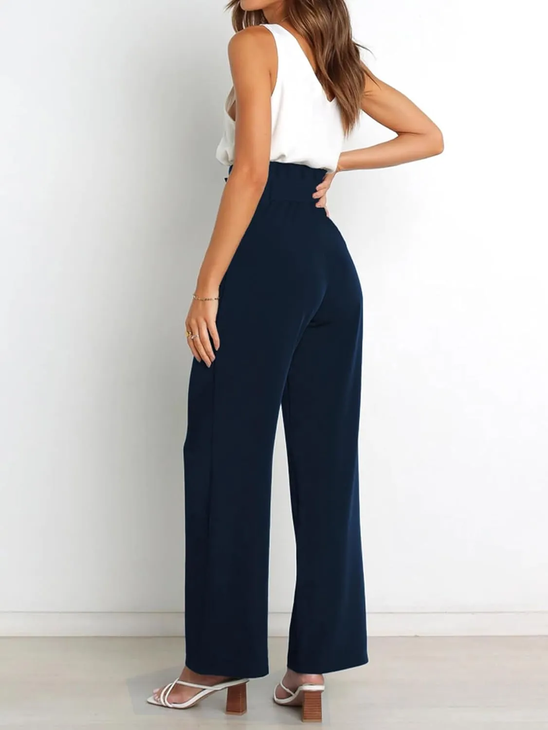 IFFEI Women's Wide Leg Pants with Pockets Business Casual Trousers High Waist with Adjustable Belt