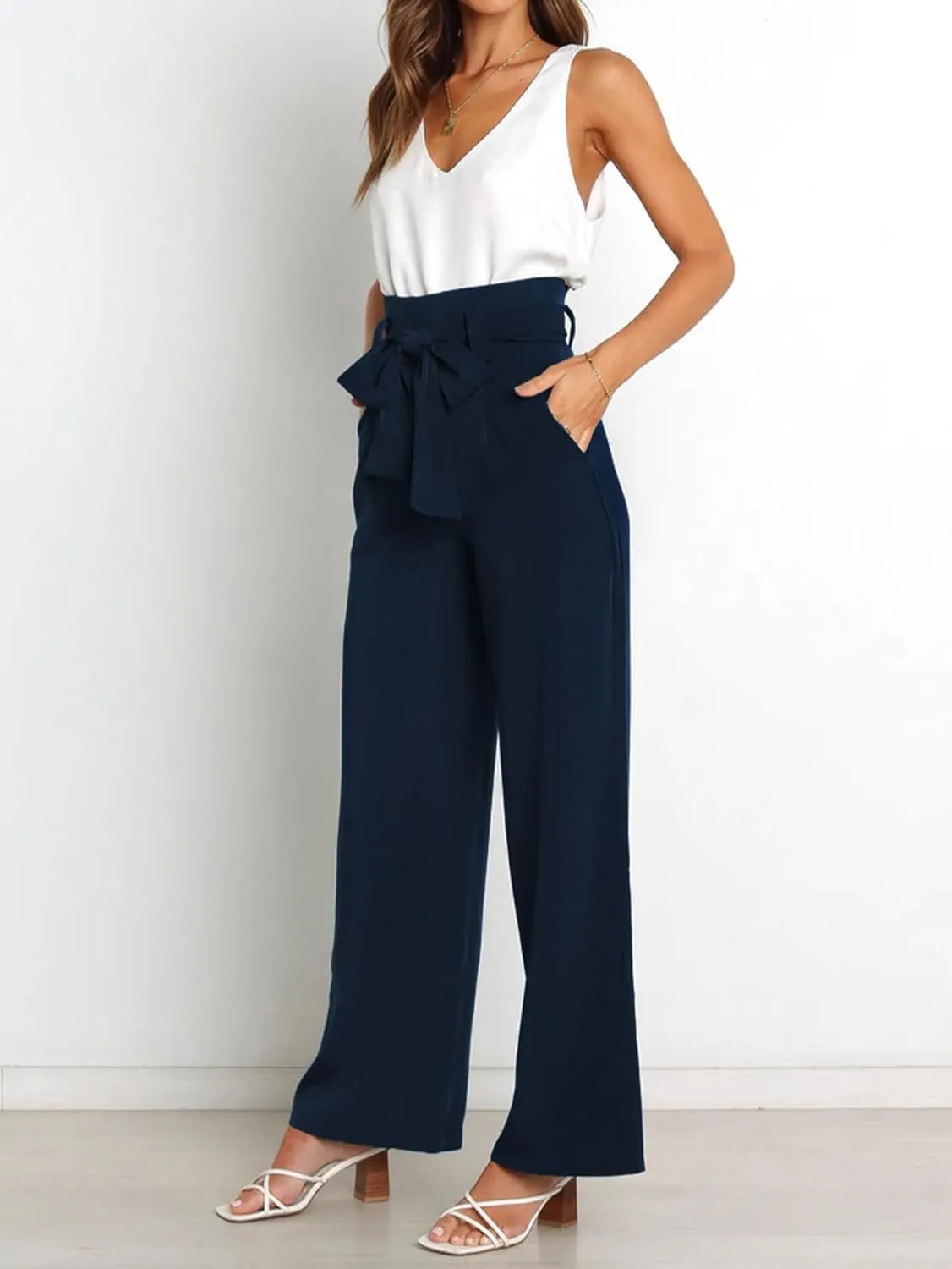 IFFEI Women's Wide Leg Pants with Pockets Business Casual Trousers High Waist with Adjustable Belt